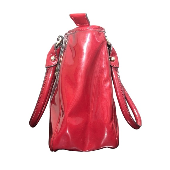 ANNE KLEIN Burgundy Patent Leather Shoulder Bag with Gold Clasp Red Tote Bag - Picture 2 of 10
